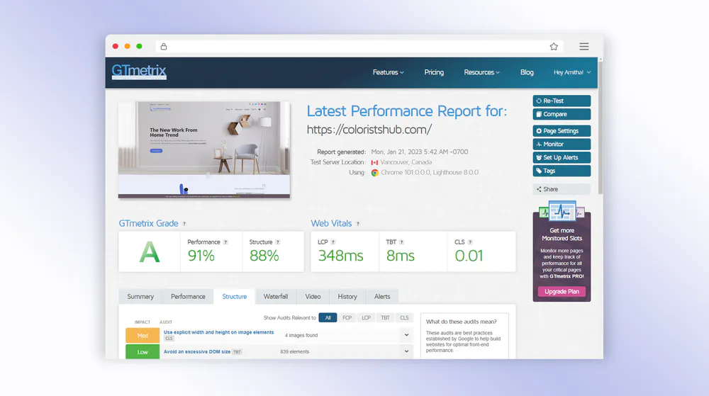 Results Speedtest Cushion Snug Website